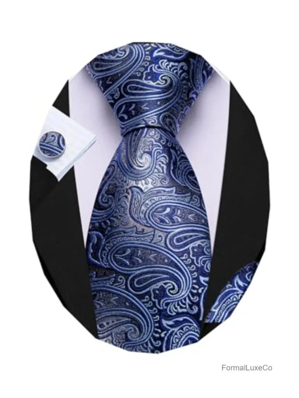 Men's Paisley Tie Set with Hanky and Cuff Links - Silk Blend Woven Necktie Gift